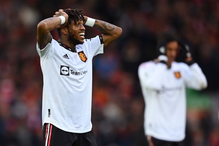 LIVERPOOL, ENGLAND - MARCH 05: Fred of Manchester United reacts during the Premier League match between Liverpool FC and Manchester United at Anfield on March 05, 2023 in Liverpool, England. (Photo by Michael Regan/Getty Images)