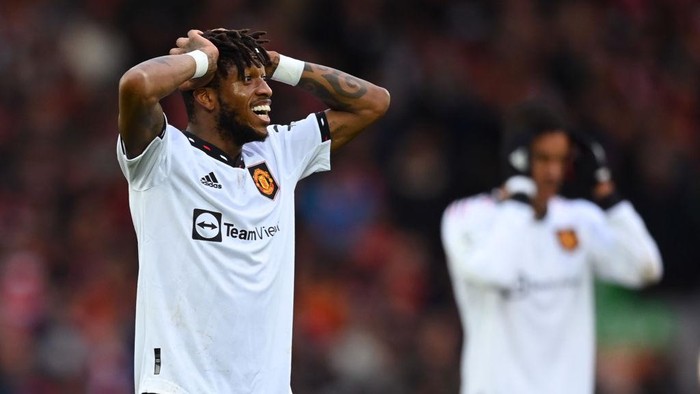 LIVERPOOL, ENGLAND - MARCH 05: Fred of Manchester United reacts during the Premier League match between Liverpool FC and Manchester United at Anfield on March 05, 2023 in Liverpool, England. (Photo by Michael Regan/Getty Images)