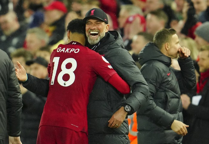 Juergen Klopp Liverpool's manager Jurgen Klopp celebrates with Liverpool's Cody Gakpo during the English Premier League soccer match between Liverpool and Manchester United at Anfield in Liverpool, England, Sunday, March 5, 2023. (AP Photo/Jon Super)