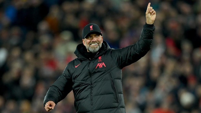 LIVERPOOL, ENGLAND - MARCH 05: Juergen Klopp, Manager of Liverpool, celebrates after their sides victory during the Premier League match between Liverpool FC and Manchester United at Anfield on March 05, 2023 in Liverpool, England. (Photo by Michael Regan/Getty Images)