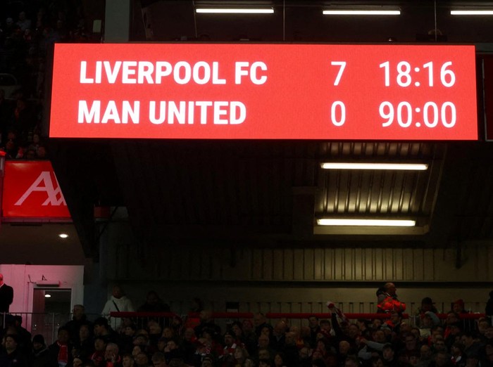 Soccer Football - Premier League - Liverpool v Manchester United - Anfield, Liverpool, Britain - March 5, 2023 General view of the score board REUTERS/Carl Recine EDITORIAL USE ONLY. No use with unauthorized audio, video, data, fixture lists, club/league logos or 'live' services. Online in-match use limited to 75 images, no video emulation. No use in betting, games or single club /league/player publications.  Please contact your account representative for further details.     TPX IMAGES OF THE DAY