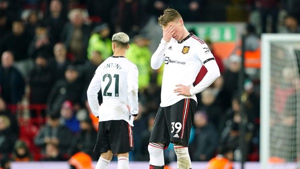 Manchester Uniteds Scott McTominay (right) looks dejected after the final whistle in the Premier League match at Anfield, Liverpool. Picture date: Sunday March 5, 2023. (Photo by Peter Byrne/PA Images via Getty Images)