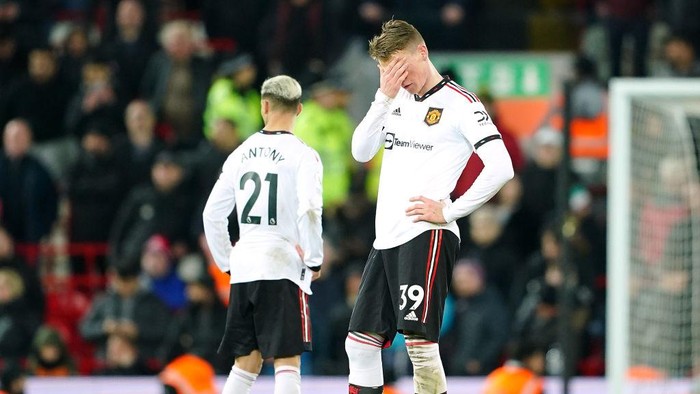 Manchester Uniteds Scott McTominay (right) looks dejected after the final whistle in the Premier League match at Anfield, Liverpool. Picture date: Sunday March 5, 2023. (Photo by Peter Byrne/PA Images via Getty Images)