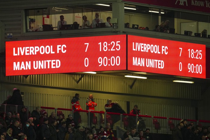 The scoreboard shows the final score after the the English Premier League soccer match between Liverpool and Manchester United at Anfield in Liverpool, England, Sunday, March 5, 2023. Liverpool won the match 7-0. (AP Photo/Jon Super)