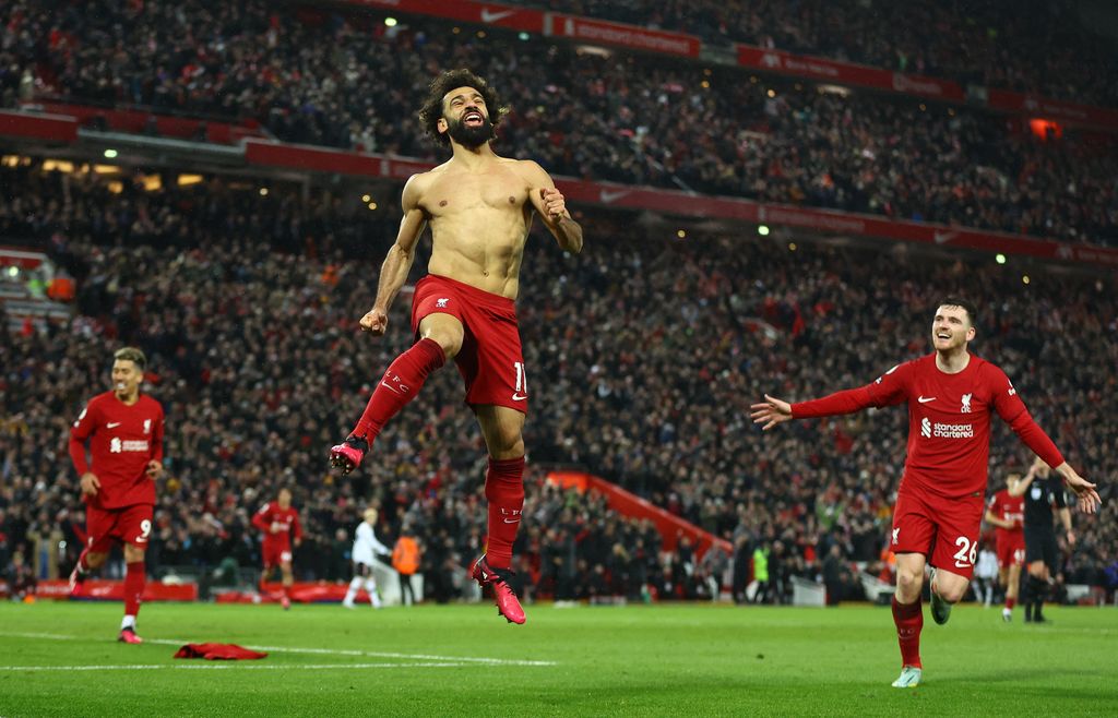 Soccer Football - Premier League - Liverpool v Manchester United - Anfield, Liverpool, Britain - March 5, 2023 Liverpool's Mohamed Salah celebrates scoring their sixth goal REUTERS/Carl Recine EDITORIAL USE ONLY. No use with unauthorized audio, video, data, fixture lists, club/league logos or 'live' services. Online in-match use limited to 75 images, no video emulation. No use in betting, games or single club /league/player publications.  Please contact your account representative for further details.