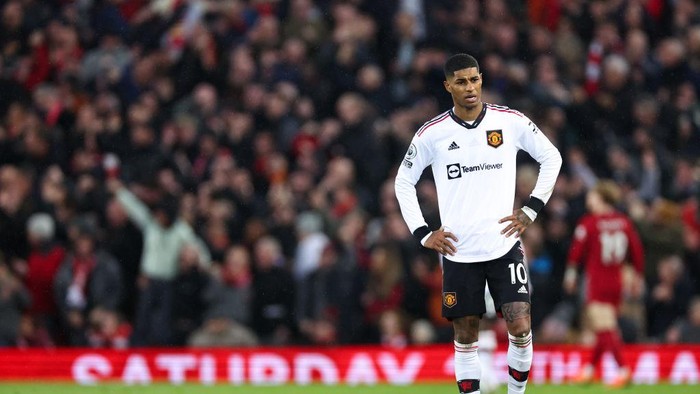 LIVERPOOL, ENGLAND - MARCH 05: A dejected Marcus Rashford of Manchester United during the Premier League match between Liverpool FC and Manchester United at Anfield on March 5, 2023 in Liverpool, United Kingdom. (Photo by Robbie Jay Barratt - AMA/Getty Images)