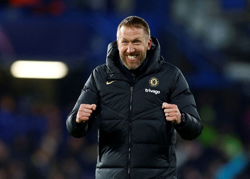 Soccer Football - Champions League - Round of 16 - Second Leg - Chelsea v Borussia Dortmund - Stamford Bridge, London, Britain - March 7, 2023 Chelsea manager Graham Potter celebrates after the match Action Images via Reuters/Peter Cziborra     TPX IMAGES OF THE DAY