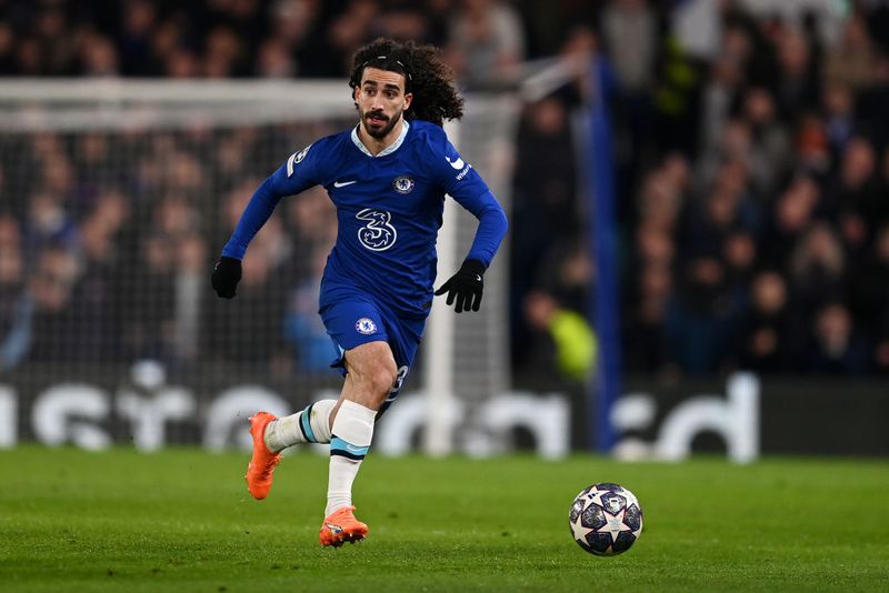 LONDON, ENGLAND - MARCH 07: Marc Cucurella of Chelsea runs with the ball during the UEFA Champions League round of 16 leg two match between Chelsea FC and Borussia Dortmund at Stamford Bridge on March 07, 2023 in London, England. (Photo by Darren Walsh/Chelsea FC via Getty Images)