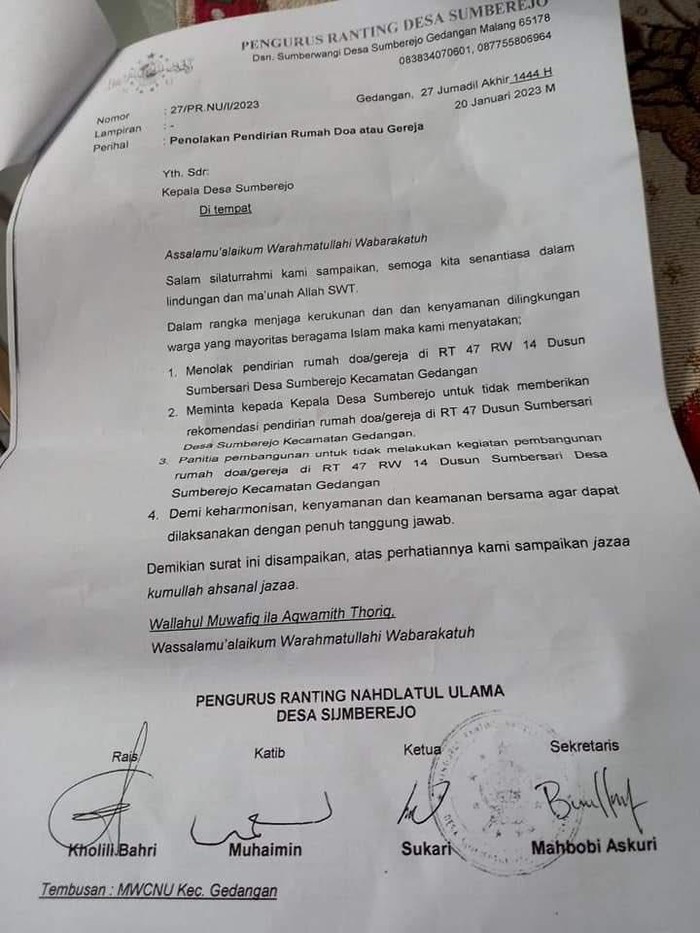 Surat penolakan pendirian Gereja Kristen Jawi Wetan di Malang