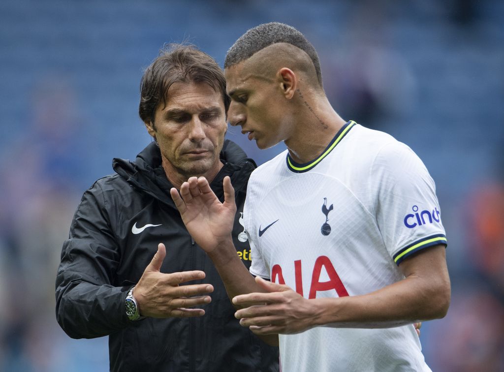 GLASGOW, SCOTLAND - JULY 23: Tottenham Hotspur manager Antonio Conte and Richarlison greet each other after the Pre-Season Friendly between Rangers and Tottenham Hotspur at Ibrox Stadium on July 23, 2022 in Glasgow, Scotland. (Photo by Visionhaus/Getty Images)
