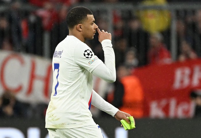 Soccer Football - Champions League - Round of 16 - Second Leg - Bayern Munich v Paris St Germain - Allianz Arena, Munich, Germany - March 8, 2023  Paris St Germain's Kylian Mbappe looks dejected after the match REUTERS/Angelika Warmuth