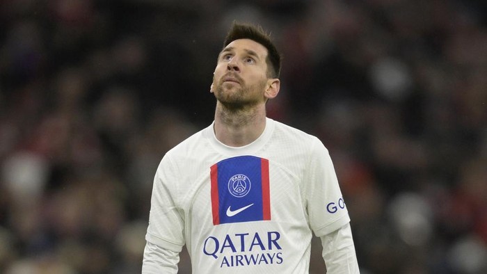 PSGs Lionel Messi reacts during the Champions League round of 16 second leg soccer match between Bayern Munich and Paris Saint Germain at the Allianz Arena in Munich, Germany, Wednesday, March 8, 2023. (AP Photo/Andreas Schaad)