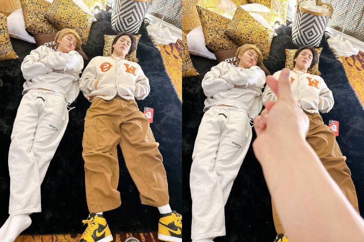 Mark NCT Dream mengunggah potret Jaemin dan Jeno tidur di atas karpet di Indonesia.