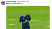 Meme ledekan langsung bertebaran di media sosial. Seperti ini contohnya, menyebut Messi bak lenyap kala menghadapi Bayern. (Foto: Twitter @TrollFootball)
