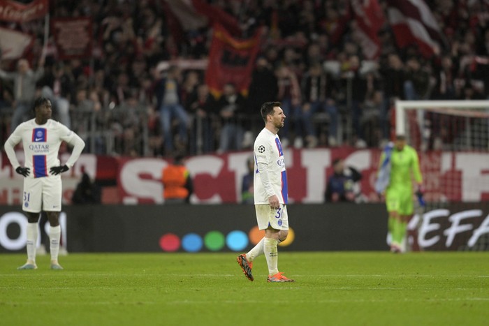PSGs Lionel Messi leaves the field at the end of the Champions League round of 16 second leg soccer match between Bayern Munich and Paris Saint Germain at the Allianz Arena in Munich, Germany, Wednesday, March 8, 2023. Bayern Munich won 2-0. (AP Photo/Andreas Schaad)