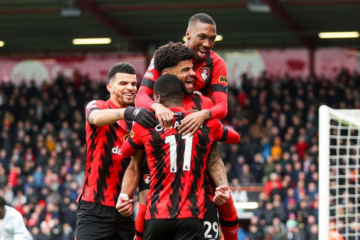 BOURNEMOUTH, ENGLAND - MARCH 11: Philip Billing of Bournemouth celebrates after he scores a goal to make it 1-0 with pass provider Dango Ouattara during the Premier League match between AFC Bournemouth and Liverpool FC at Vitality Stadium on March 11, 2023 in Bournemouth, England. (Photo by Robin Jones - AFC Bournemouth/AFC Bournemouth via Getty Images)