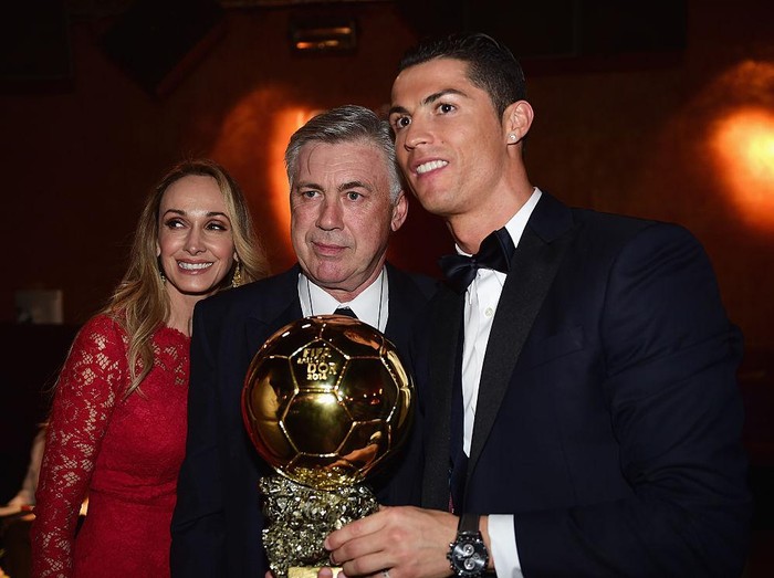 ZURICH, SWITZERLAND - JANUARY 12: Carlo Ancelotti, coach of Real Madrid and wife Mariann Barrena McClay pose with FIFA Ballon d'Or winner Cristiano Ronaldo of Portugal and Real Madrid after the FIFA Ballon d'Or Gala 2014 at the Kongresshaus on January 12, 2015 in Zurich, Switzerland.  (Photo by Jamie McDonald - FIFA/FIFA via Getty Images)