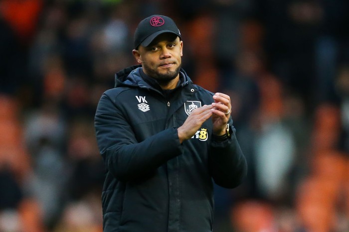 Burnley manager Vincent Kompany applauds the fans at the end of the Sky Bet Championship match at Bloomfield Road, Birmingham. Picture date: Saturday March 4, 2023. (Photo by Barrington Coombs/PA Images via Getty Images)