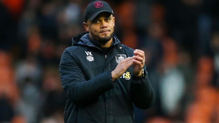 Burnley manager Vincent Kompany applauds the fans at the end of the Sky Bet Championship match at Bloomfield Road, Birmingham. Picture date: Saturday March 4, 2023. (Photo by Barrington Coombs/PA Images via Getty Images)