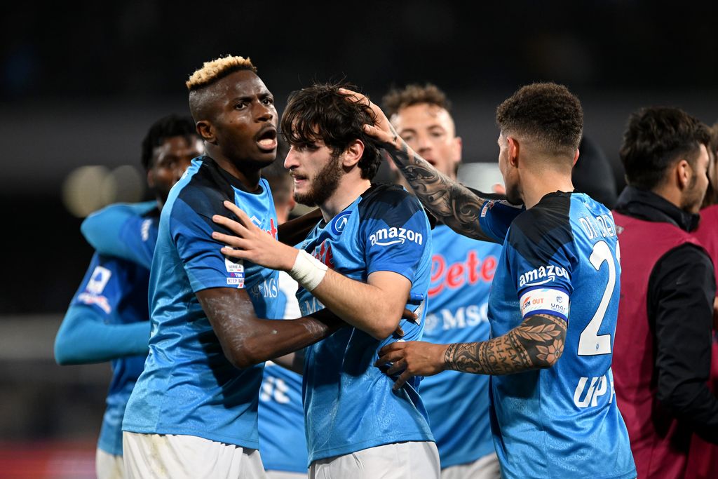 NAPLES, ITALY - MARCH 11: Khvicha Kvaratskhelia of SSC Napoli celebrates with teammates after scoring the team's first goal during the Serie A match between SSC Napoli and Atalanta BC at Stadio Diego Armando Maradona on March 11, 2023 in Naples, Italy. (Photo by Francesco Pecoraro/Getty Images)