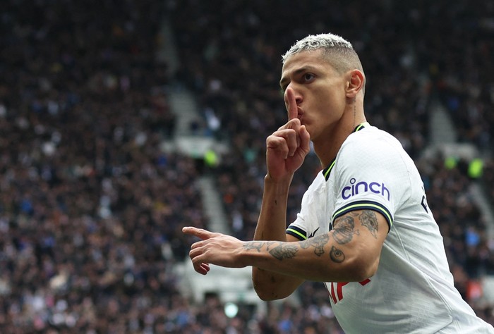 Richarlison Soccer Football - Premier League - Tottenham Hotspur v Nottingham Forest - Tottenham Hotspur Stadium, London, Britain - March 11, 2023 Tottenham Hotspur's Richarlison celebrates scoring their first goal REUTERS/David Klein EDITORIAL USE ONLY. No use with unauthorized audio, video, data, fixture lists, club/league logos or 'live' services. Online in-match use limited to 75 images, no video emulation. No use in betting, games or single club /league/player publications. Please contact your account representative for further details.