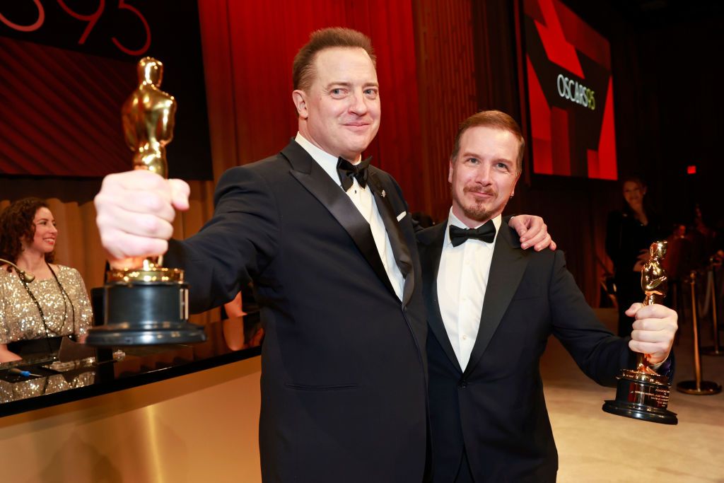 HOLLYWOOD, CALIFORNIA - MARCH 12: (L-R) Brendan Fraser, winner of Best Actor in a Leading Role, and Adrien Morot, winner of Best Makeup and Hairstyling, both for 
