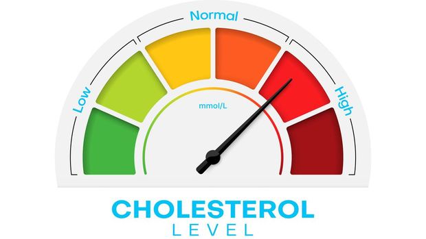 Cholesterol level meter with high and low fat test, vector blood risk and good or bad health control. Cholesterol level meter gauge with arrow indicator for healthcare and heart heath analysis