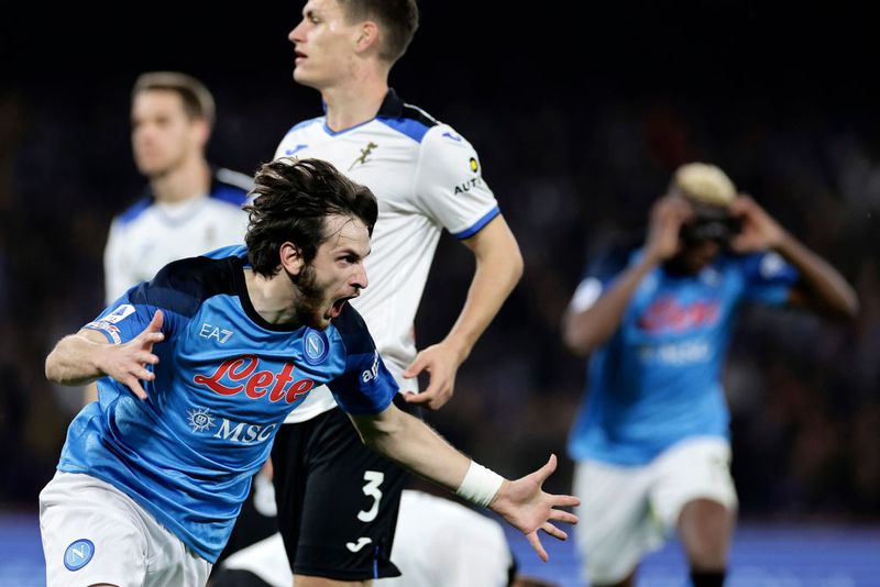 Khvicha Kvaratskhelia of SSC Napoli celebrates after scoring the goal of 1-0 during the Serie A football match between SSC Napoli and Atalanta BC at Diego Armando Maradona stadium. Naples (Italy), March 11th, 2023. (Photo by Cesare Purini/Mondadori Portfolio via Getty Images)