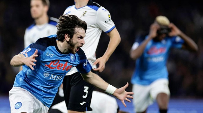 Khvicha Kvaratskhelia of SSC Napoli celebrates after scoring the goal of 1-0 during the Serie A football match between SSC Napoli and Atalanta BC at Diego Armando Maradona stadium. Naples (Italy), March 11th, 2023. (Photo by Cesare Purini/Mondadori Portfolio via Getty Images)