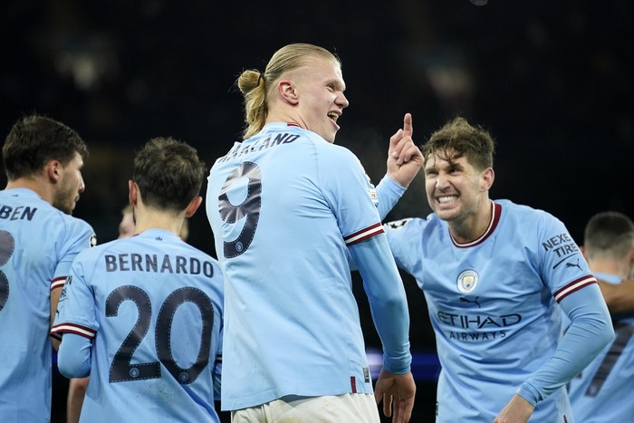 Manchester Citys Erling Haaland reacts after he scored his 5th goal, the 6-0, during the Champions League round of 16 second leg soccer match between Manchester City and RB Leipzig at the Etihad stadium in Manchester, England, Tuesday, March 14, 2023. (AP Photo/Dave Thompson)