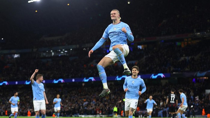 Soccer Football - Champions League - Round of 16 - Second Leg - Manchester City v RB Leipzig - Etihad Stadium, Manchester, Britain - March 14, 2023 Manchester Citys Erling Braut Haaland celebrates scoring their fifth goal REUTERS/Carl Recine     TPX IMAGES OF THE DAY