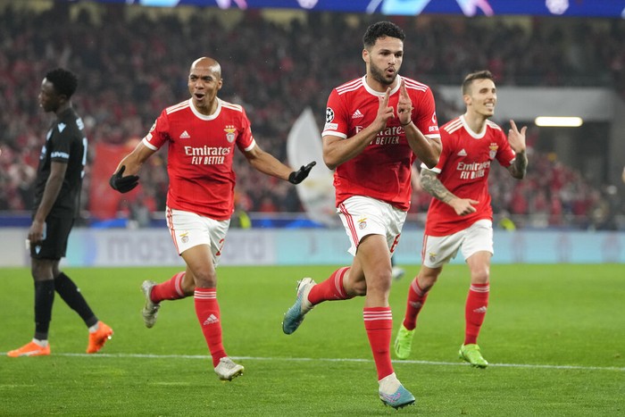 Benfica Benfica's Goncalo Ramos celebrates after scoring his side's second goal during the Champions League, round of 16, second leg soccer match between Benfica and Club Brugge at the Luz stadium in Lisbon, Portugal, Tuesday, March 7, 2023. (AP Photo/Armando Franca)