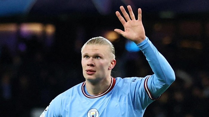 Soccer Football - Champions League - Round of 16 - Second Leg - Manchester City v RB Leipzig - Etihad Stadium, Manchester, Britain - March 14, 2023 Manchester Citys Erling Braut Haaland celebrates scoring their sixth goal REUTERS/Carl Recine