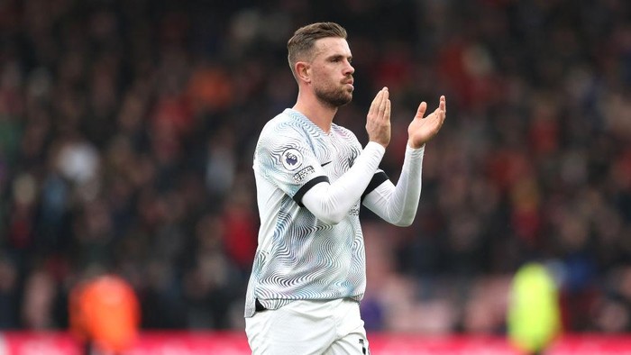 Liverpools Jordan Henderson applauds the fans after the final whistle in the Premier League match at the Vitality Stadium, Bournemouth. Picture date: Saturday March 11, 2023. (Photo by Kieran Cleeves/PA Images via Getty Images)