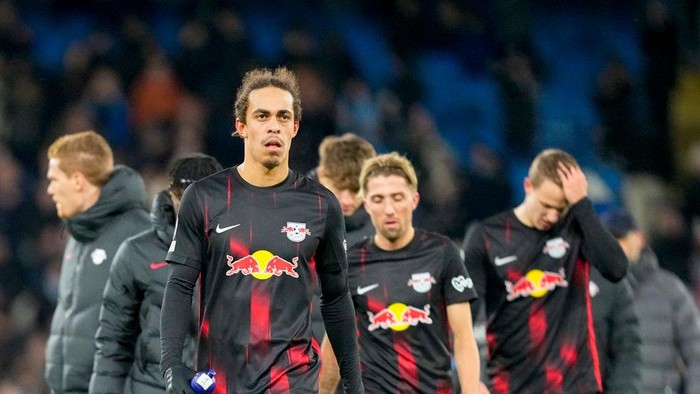 MANCHESTER, ENGLAND - MARCH 14: Yussuf Poulsen of RB Leipzig looks dejected after the UEFA Champions League round of 16 leg two match between Manchester City and RB Leipzig at Etihad Stadium on March 14, 2023 in Manchester, United Kingdom. (Photo by Ulrik Pedersen/DeFodi Images via Getty Images)