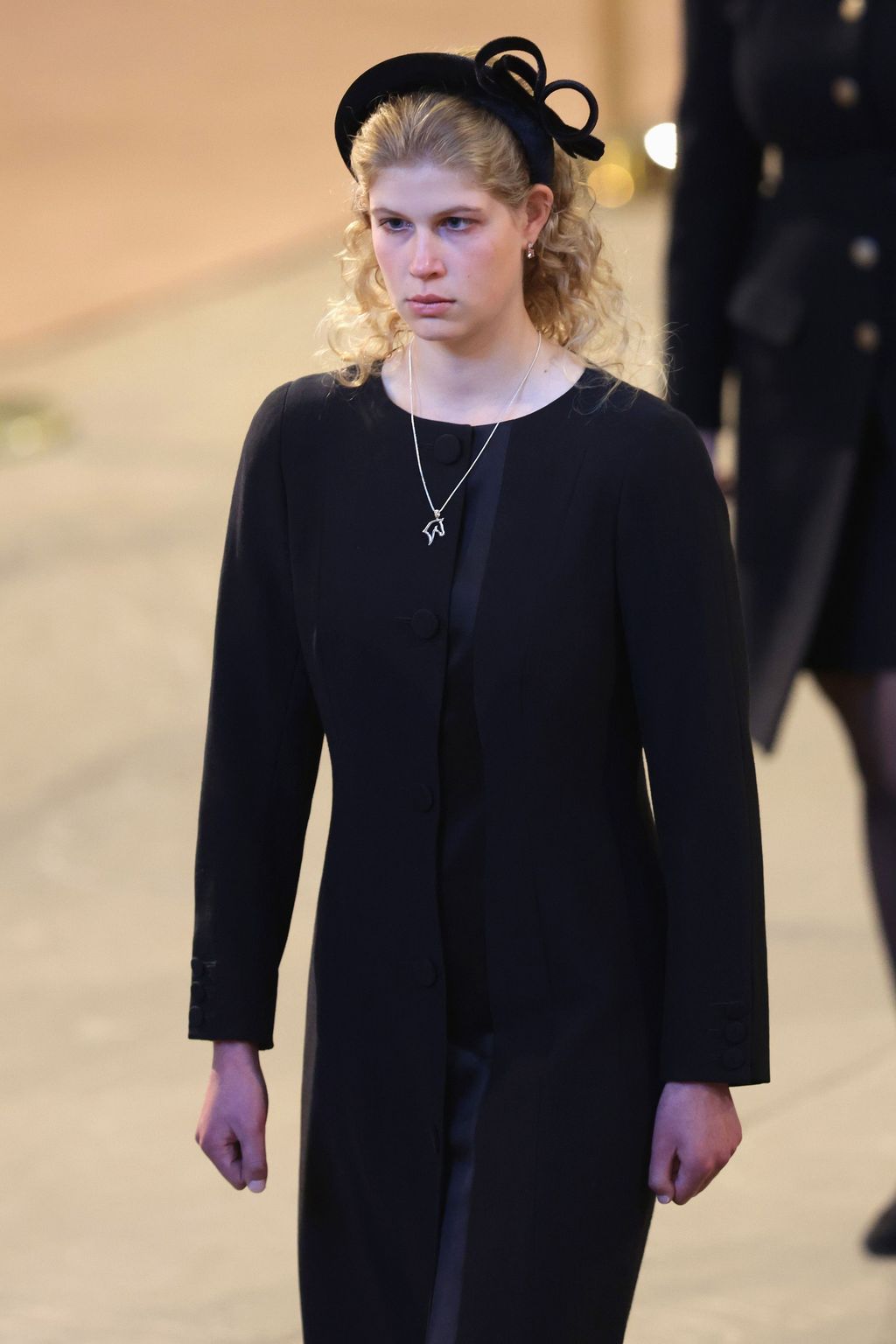 LONDON, ENGLAND - SEPTEMBER 17: Lady Louise Windsor is seen during a vigil in honour of Queen Elizabeth II at Westminster Hall on September 17, 2022 in London, England. Queen Elizabeth II's grandchildren mount a family vigil over her coffin lying in state in Westminster Hall. Queen Elizabeth II died at Balmoral Castle in Scotland on September 8, 2022, and is succeeded by her eldest son, King Charles III. (Photo by Chris Jackson/Getty Images)