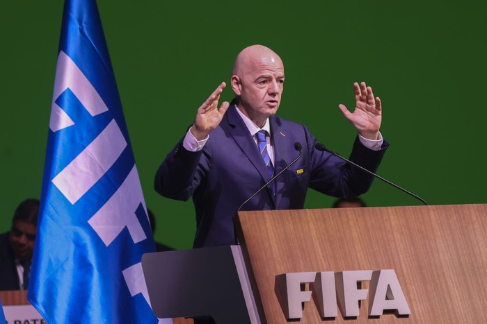 KIGALI, RWANDA - MARCH 16: Gianni Infantino speaks during the 73rd FIFA Congress as he is re-elected unopposed as president of FIFA until 2027 in Kigali, Rwanda on March 16, 2023. (Photo by Cyril Ndegeya/Anadolu Agency via Getty Images)