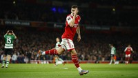 Arsenal membuka asa pada menit ke-19. Granit Xhaka sukses menjebol gawang Sporting CP dan membawa timnya unggul 1-0 di babak pertama. John Sibley/Action Images/Reuters  