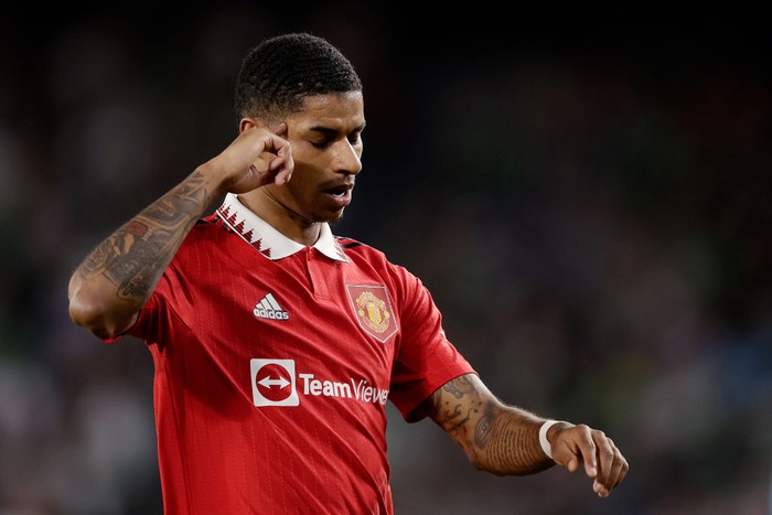 SEVILLA, SPAIN - MARCH 16:  Marcus Rashford of Manchester United celebrates 0-1 during the UEFA Europa League   match between Real Betis Sevilla v Manchester United at the Estadio Benito Villamarin on March 16, 2023 in Sevilla Spain (Photo by Eric Verhoeven/Soccrates/Getty Images)