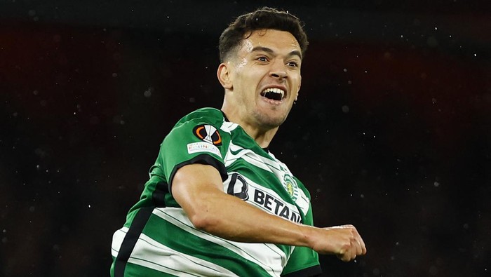 Soccer Football - Europa League - Round of 16 - Second Leg - Arsenal v Sporting CP - Emirates Stadium, London, Britain - March 16, 2023 Sporting CPs Pedro Goncalves celebrates scoring their first goal Action Images via Reuters/John Sibley