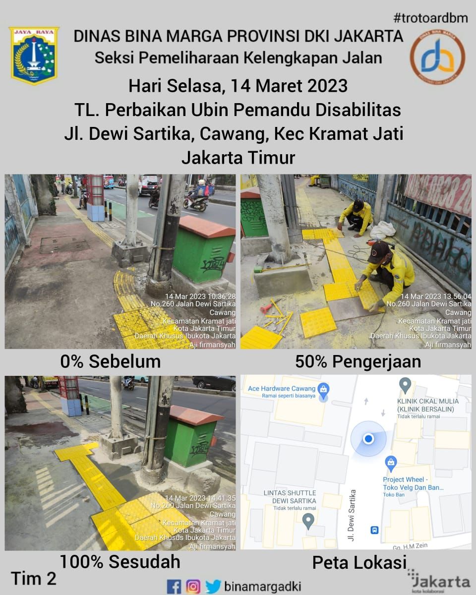 Perbaikan guiding block trotoar Jl Dewi Sartika. (Dok Sudin Bina Marga Jaktim)