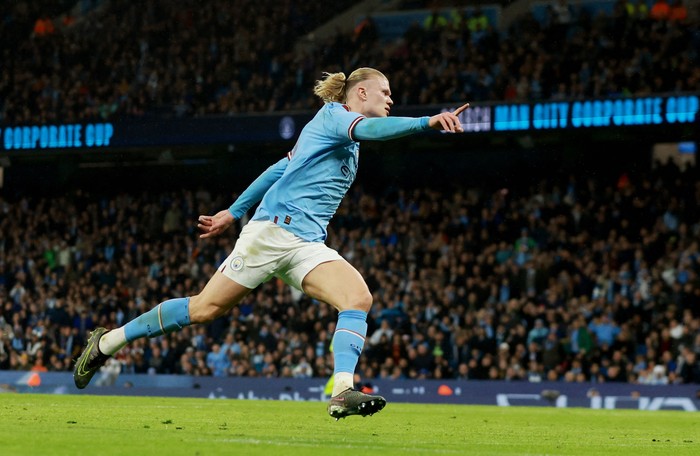 Erling Haaland Soccer Football - FA Cup - Quarter-Final - Manchester City v Burnley - Etihad Stadium, Manchester, Britain - March 18, 2023 Manchester City's Erling Braut Haaland celebrates scoring their first goal REUTERS/Phil Noble