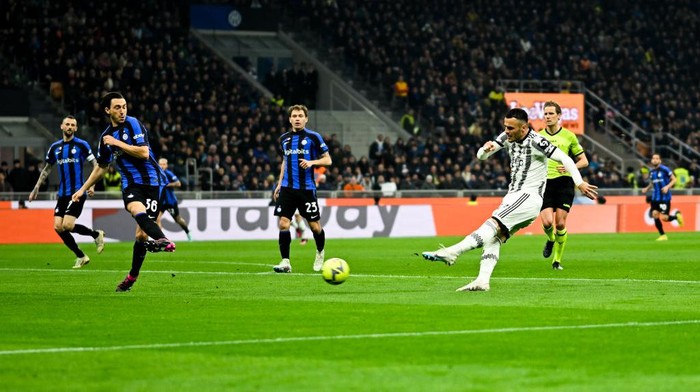 MILAN, ITALY - MARCH 19: Filip Kostic of Juventus scores his teams first goal during the Serie A match between FC Internazionale and Juventus at Stadio Giuseppe Meazza on March 19, 2023 in Milan, Italy. (Photo by Daniele Badolato - Juventus FC/Juventus FC via Getty Images)
