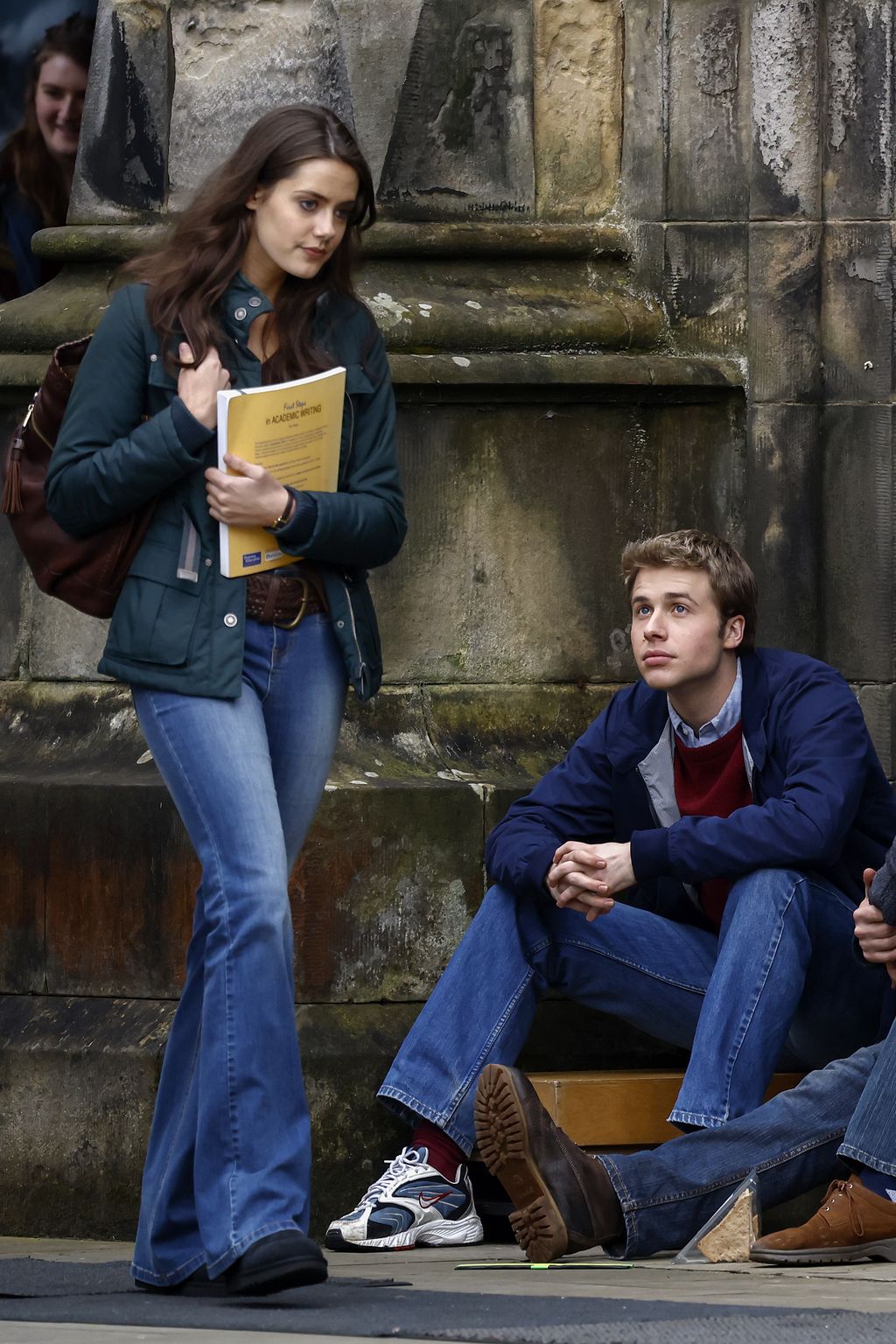 ST ANDREWS, SCOTLAND - MARCH 17: Actor Ed McVey, as Prince William and actress Meg Bellamy who plays Kate Middleton are seen during filming for the next season of The Crown on March 17, 2023 in St Andrews, Scotland. The sixth series of the drama, based on the real lives of the recent British monarchy, is set in St Andrews where the Prince and Princess of Wales met whilst studying at University. (Photo by Jeff J Mitchell/Getty Images)