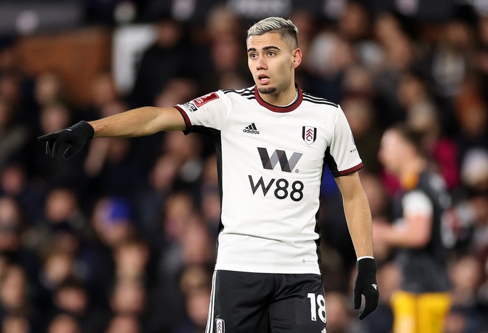 LONDON, ENGLAND - FEBRUARY 28:  Andreas Pereira of Fulham FC gestures during the Emirates FA Cup Fifth round match between Fulham and Leeds United at Craven Cottage on February 28, 2023 in London, England. (Photo by Warren Little/Getty Images)