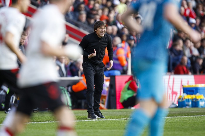 Tottenhams head coach Antonio Conte gives instructions during the English Premier League soccer match between Southampton and Tottenham at St Marys Stadium in Southampton, England, Saturday, March 18, 2023. (AP Photo/David Cliff)