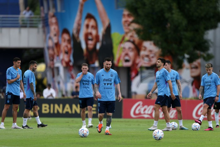 EZEIZA, ARGENTINA - MARCH 21: Lionel Messi of Argentina in action during a training session at Julio H. Grondona Training Camp on March 21, 2023 in Ezeiza, Argentina. (Photo by Daniel Jayo/Getty Images)