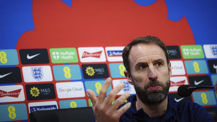 England coach Gareth Southgate meets the media during a news conference ahead of Thursdays Euro 2024 qualifying soccer match against Italy, at the Naples Diego Armando Maradona stadium, Italy, Wednesday, March 23, 2023.  (Alessandro Garofalo/LaPresse via AP)