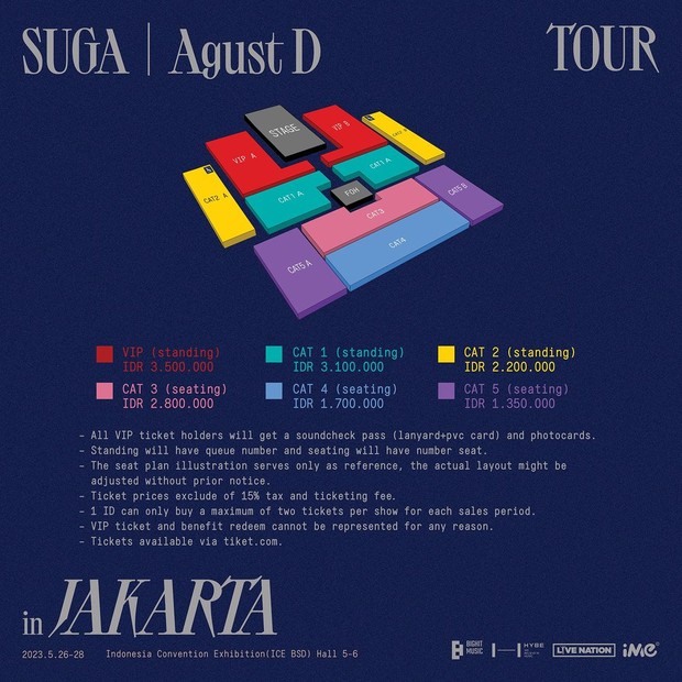 Price list dan seat plan konser Suga BTS di Jakarta/ Foto: instagram.com/ime_indonesia Price list dan seat plan konser Suga BTS di Jakarta/ Foto: instagram.com/ime_indonesia