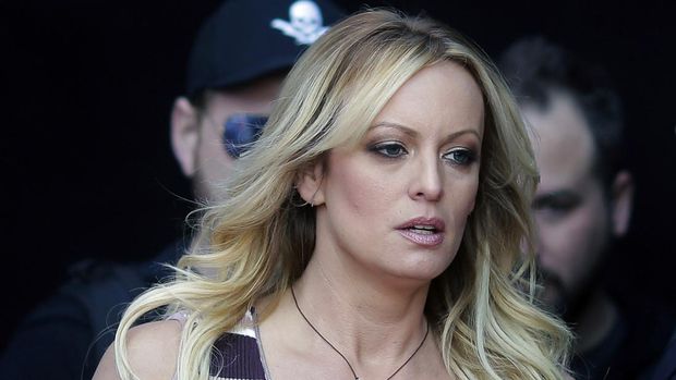 FILE - Adult film actress Stormy Daniels arrives at the adult entertainment fair 